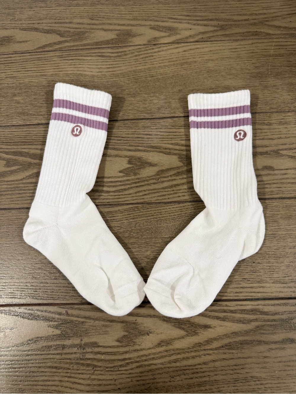 lululemon athletica White Crew Socks with Lavender Stripes
